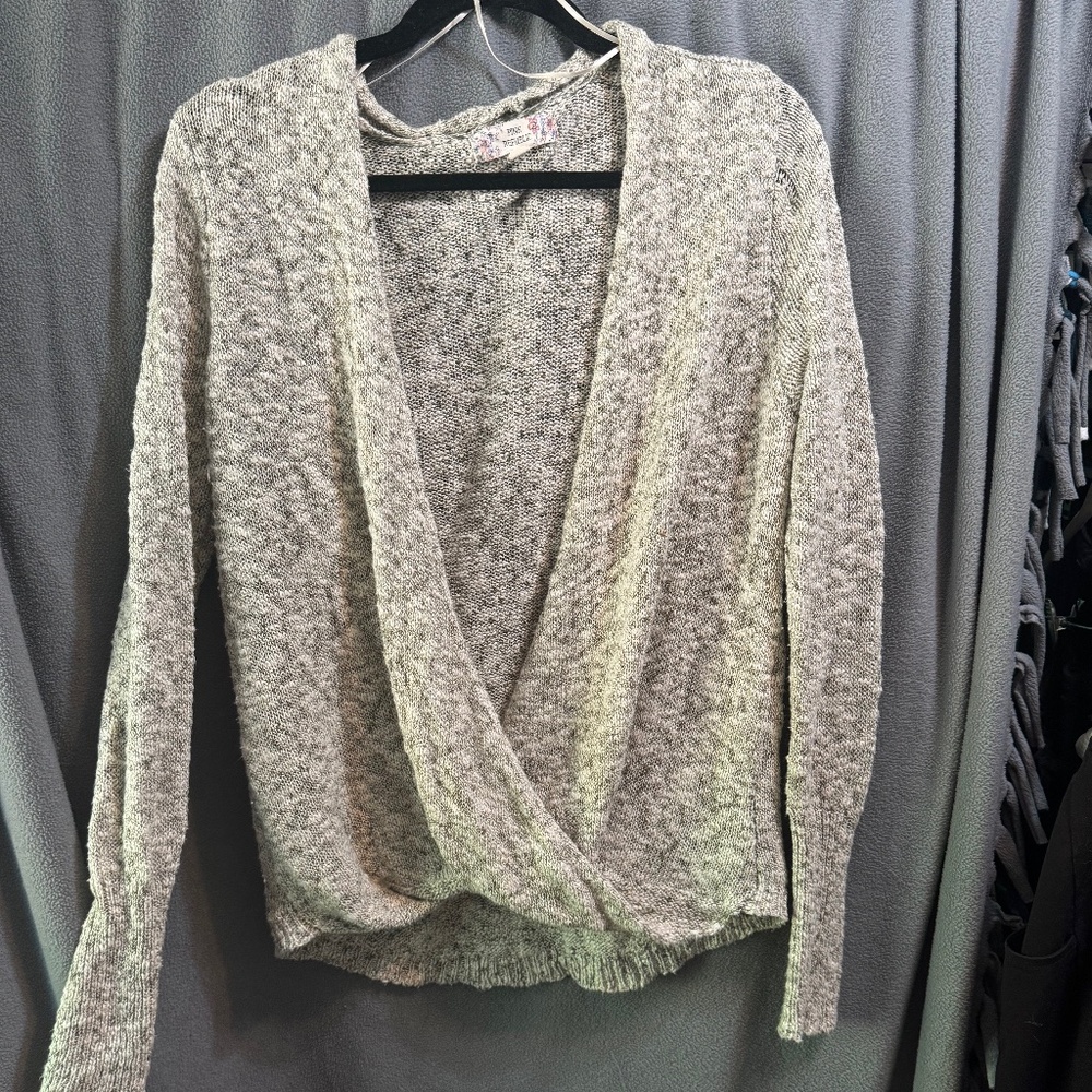 Grey open front Pink Rose sweater